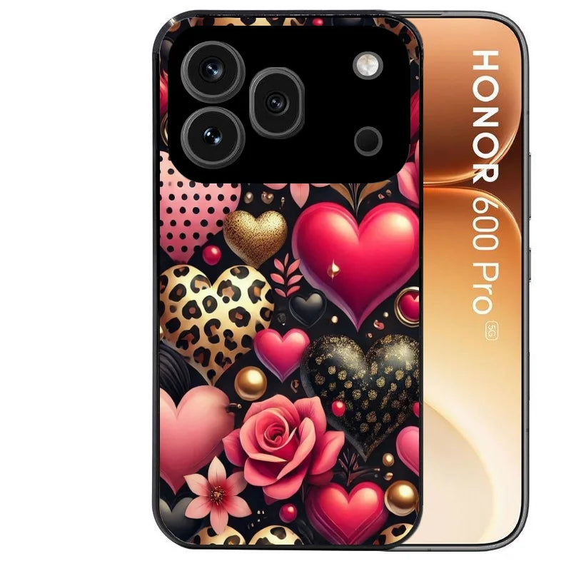 Coque noire taperso pour Honor 600 et 600 PRO avec motif coeur et leopard protection antichoc personnalisée