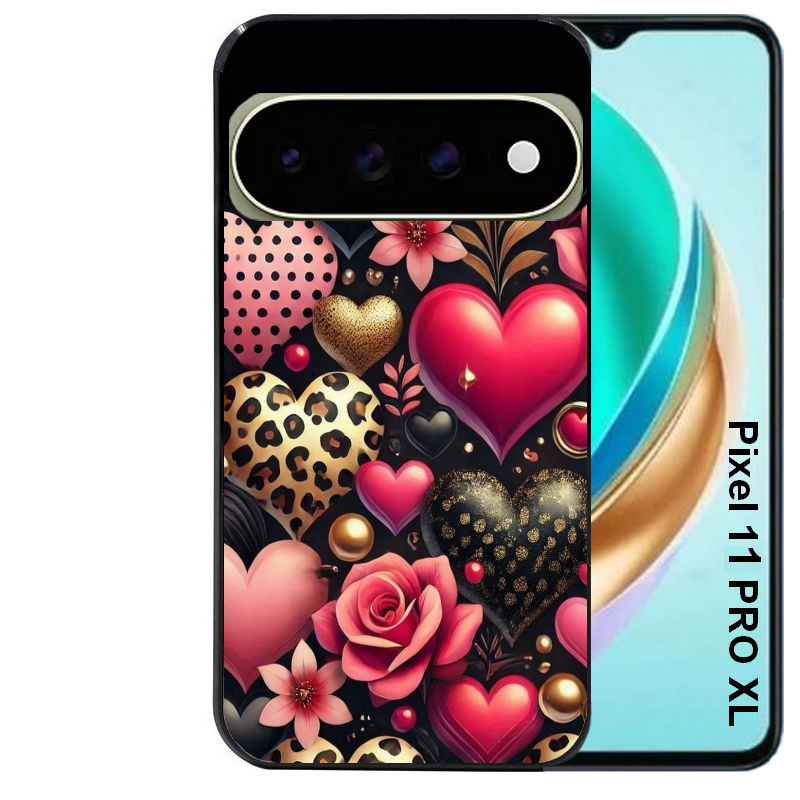 Coque pour Pixel 10 / 11 / PRO / XL coeur et leopard
