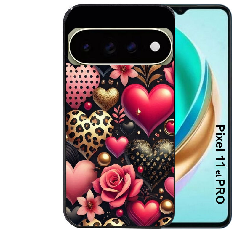 Coque pour Pixel 10 / 11 / PRO / XL coeur et leopard