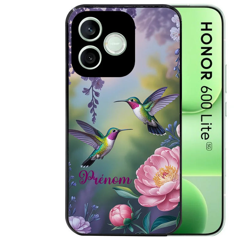 Coque noire pour Honor 600 LITE avec motif colibri couple personnalisée protection antichoc personnalisée
