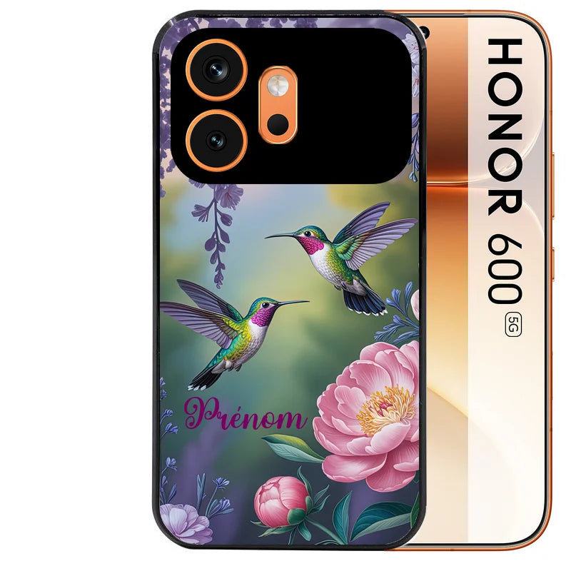 Coque noire taperso pour Honor 600 et 600 PRO avec motif colibri couple protection antichoc personnalisée