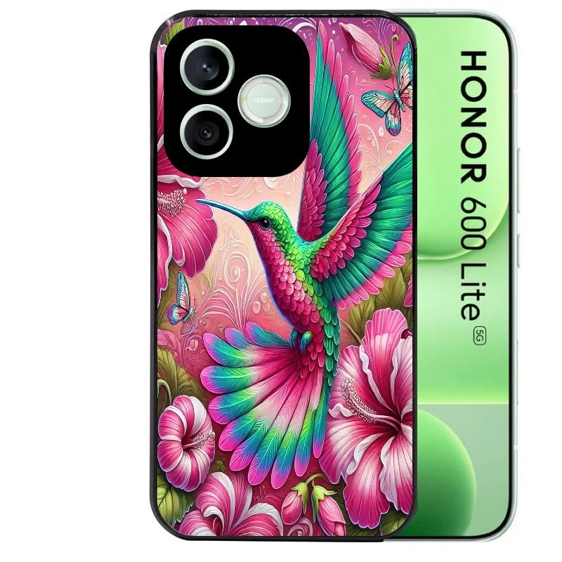 Coque noire pour Honor 600 LITE avec motif colibri et fleurs protection antichoc personnalisée