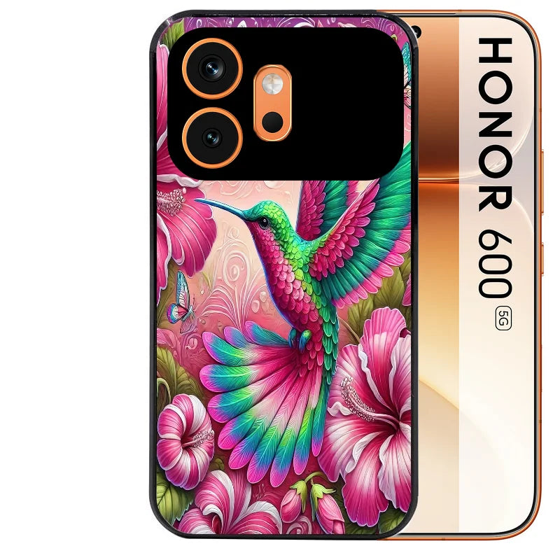 Coque noire taperso pour Honor 600 et 600 PRO avec motif colibri et fleurs protection antichoc personnalisée