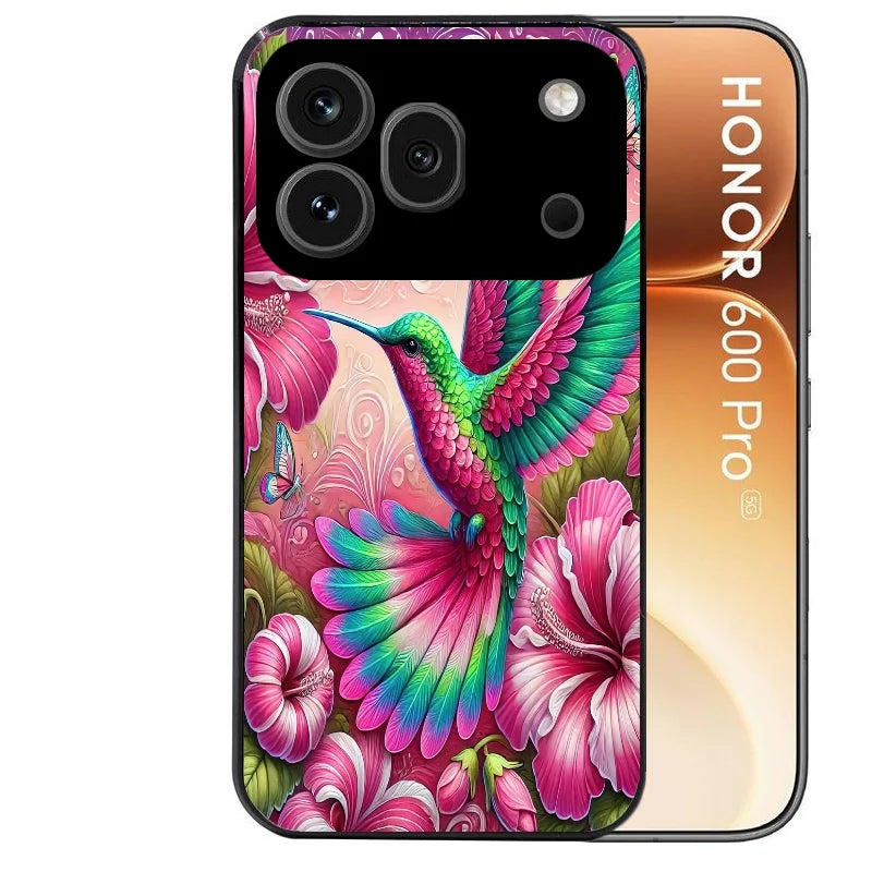 Coque noire taperso pour Honor 600 et 600 PRO avec motif colibri et fleurs protection antichoc personnalisée