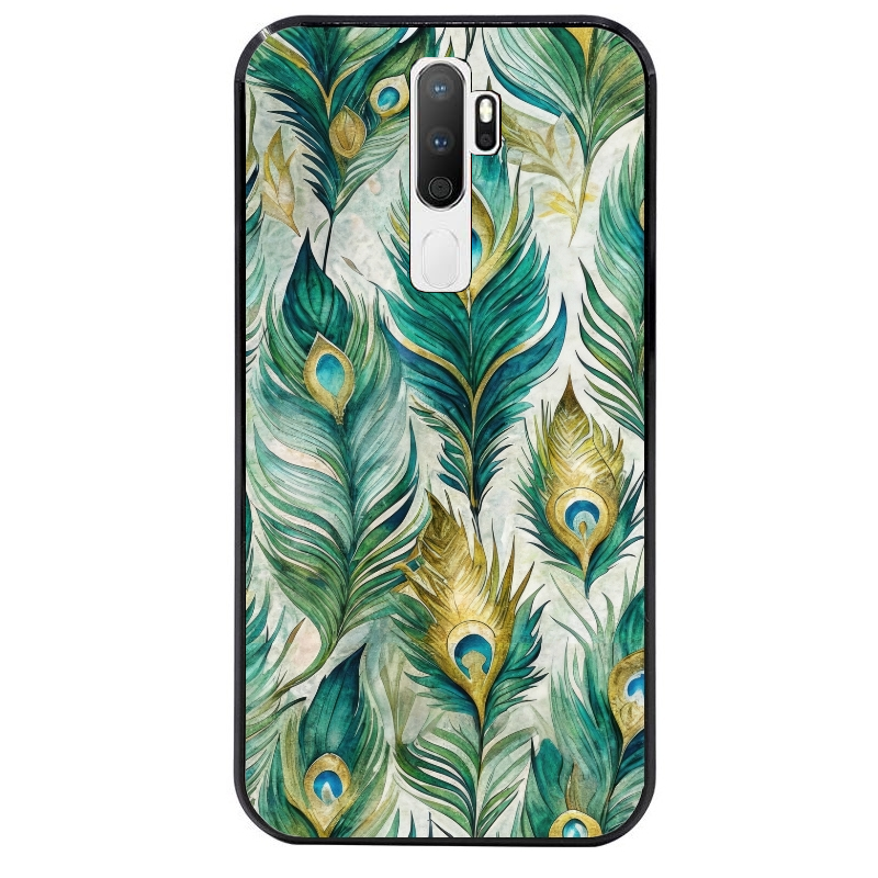 Coque noire taperso pour OPPO A5 A9 2020 avec motif paon plumes protection antichoc personnalisée
