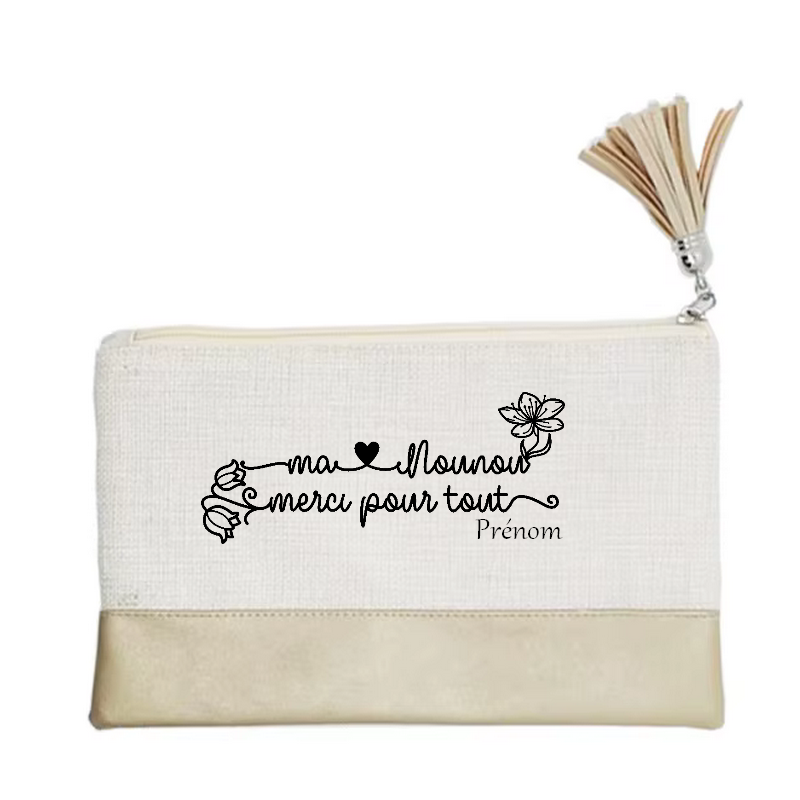 Pochette personnalisée motif nounou merci en toile et simili cuir personnalisée