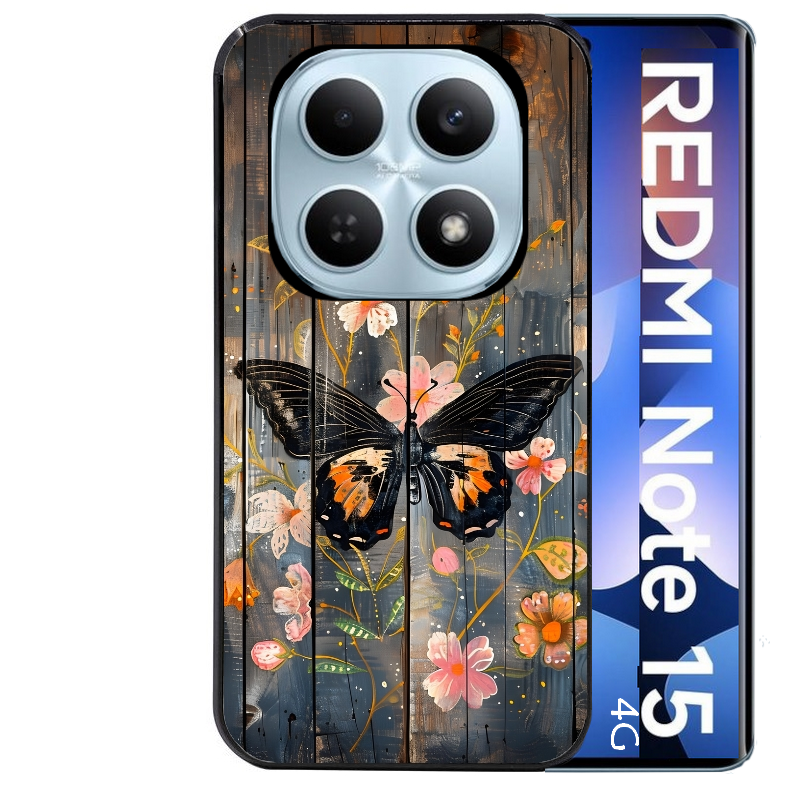 Coque noire taperso pour Redmi Note 15 et PRO PLUS 4G 5G avec motif bois et papillon 2 protection antichoc personnalisée