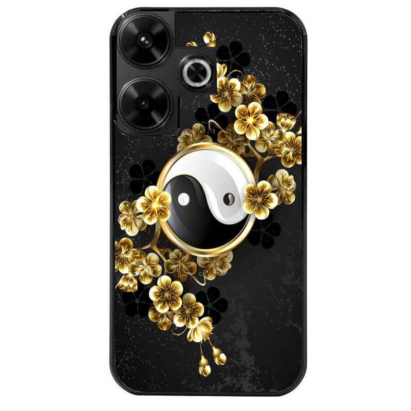 Coque noire taperso pour POCO M6 4G avec motif yin yang et fleur protection antichoc personnalisée