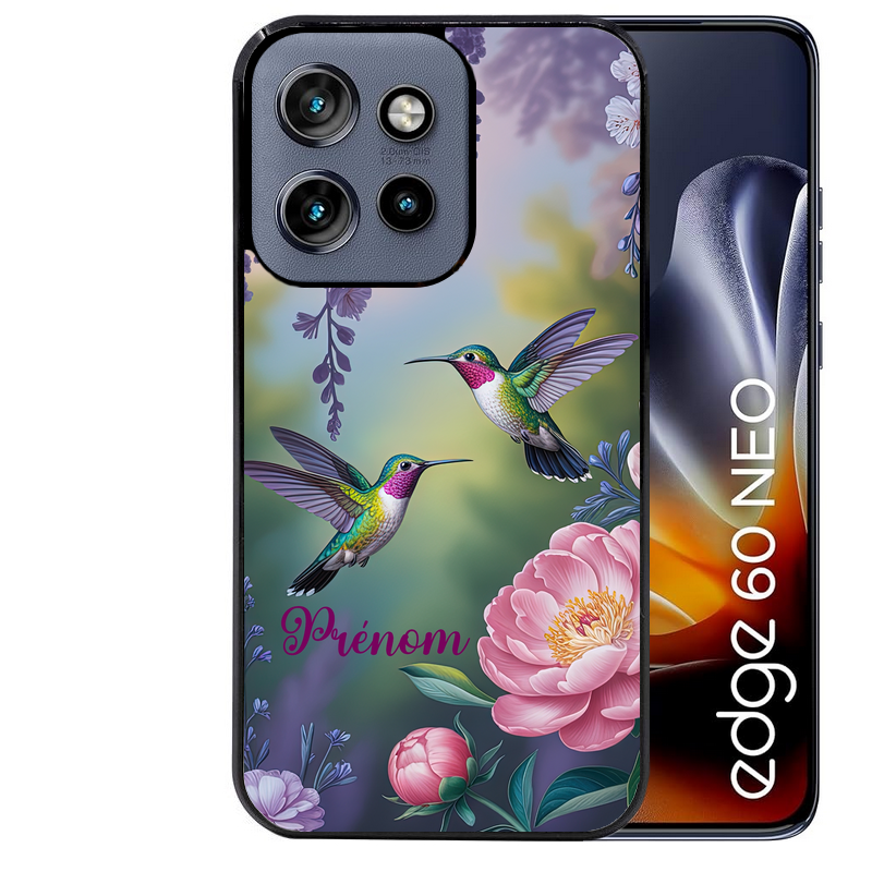 Coque noire taperso pour Moto Edge 60 et Neo Fusion Pro avec motif colibri couple personnalise protection antichoc personnalisée
