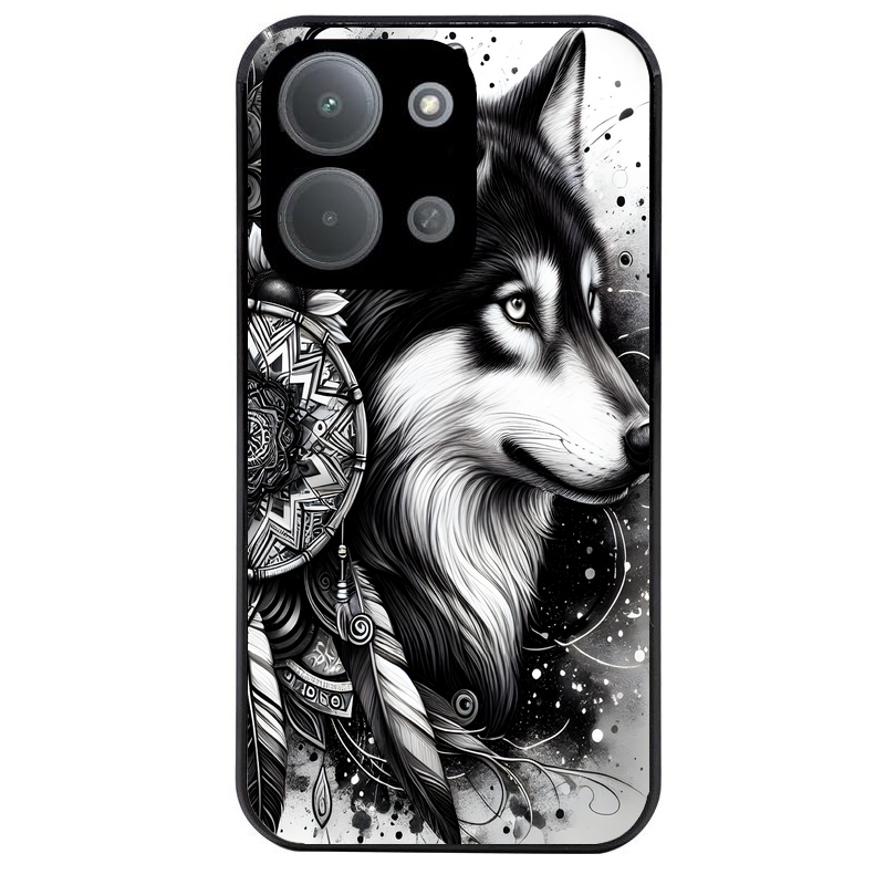 Coque noire taperso pour POCO C85 avec motif loup dreamcatcher protection antichoc personnalisée