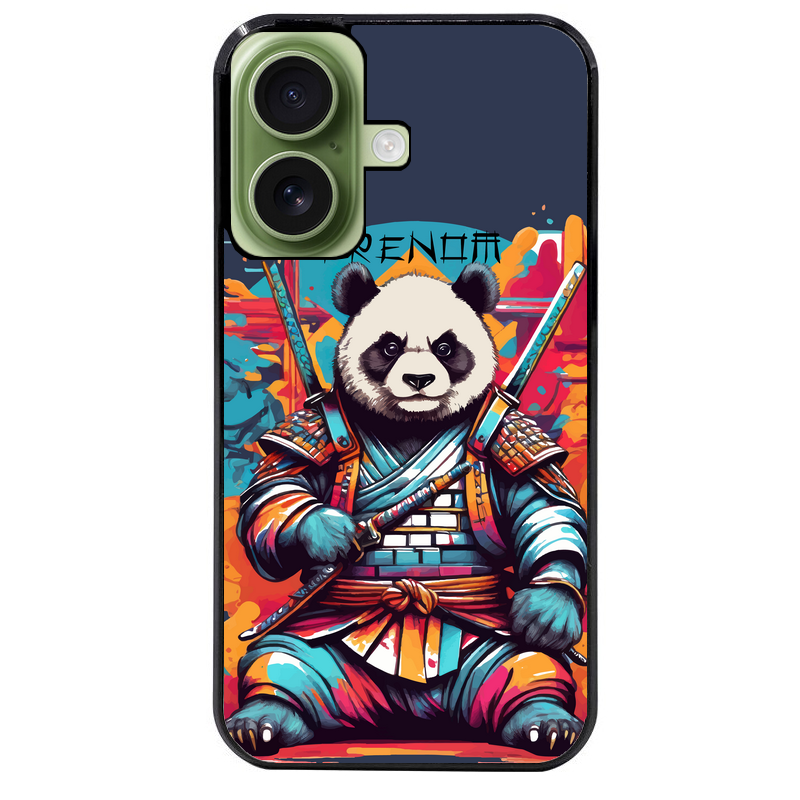 Coque noire taperso pour Iphone 16 16E PLUS MAX PRO avec motif panda katana personnalisee protection antichoc personnalisée