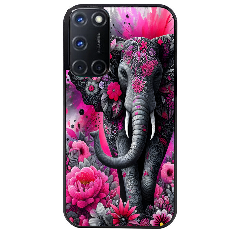 Coque noire taperso pour OPPO A72 4G avec motif elephant et fleurs protection antichoc personnalisée