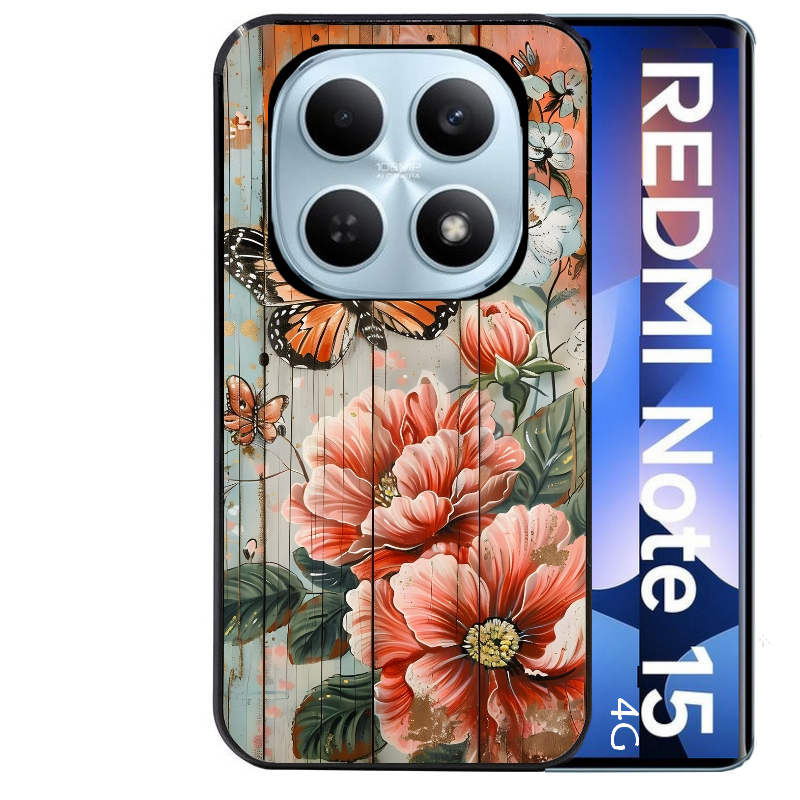 Coque noire taperso pour Redmi Note 15 et PRO PLUS 4G 5G avec motif bois et papillon 3 protection antichoc personnalisée