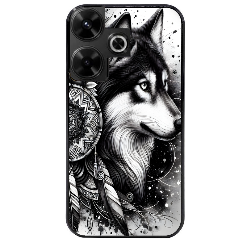 Coque noire taperso pour POCO M6 4G avec motif loup dreamcatcher protection antichoc personnalisée