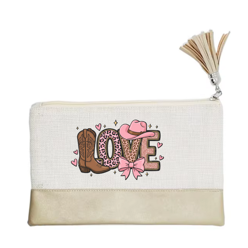 Pochette motif love western en toile et simili cuir