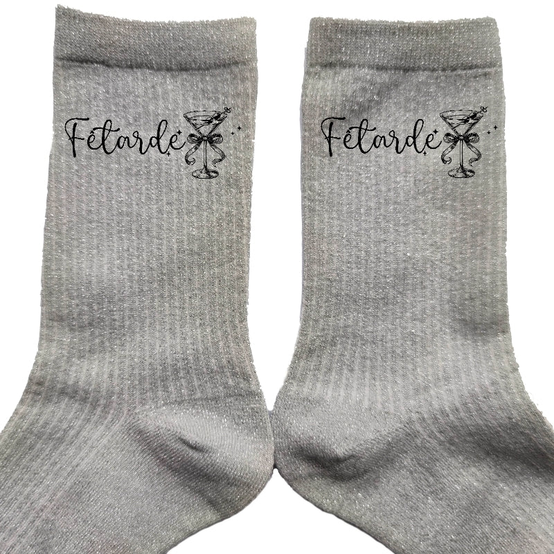 Chaussettes paillettes argent motif fétarde