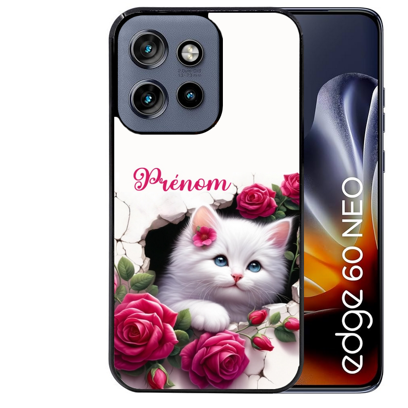 Coque noire taperso pour Moto Edge 60 et Neo Fusion Pro avec motif chat fleurs personnalisee protection antichoc personnalisée