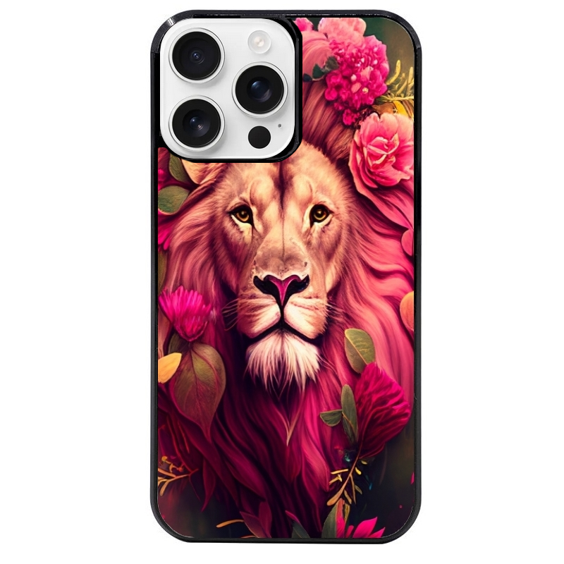 Coque noire taperso pour Iphone 16 16E PLUS MAX PRO avec motif lion et fleurs rose protection antichoc personnalisée