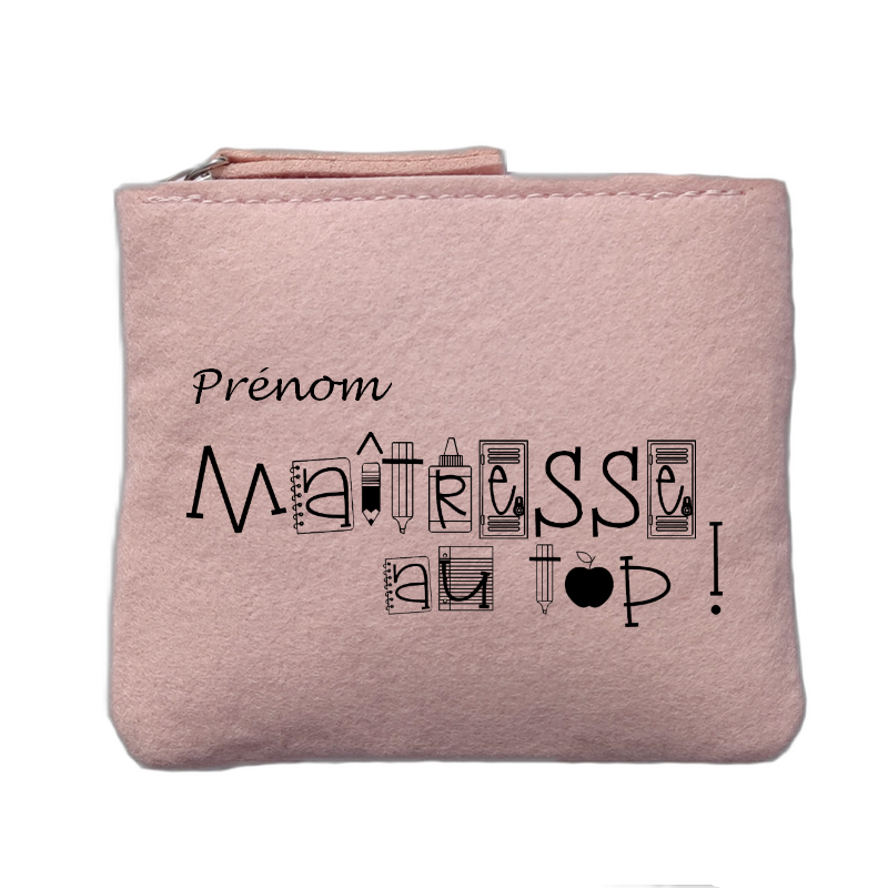 Porte monnaie personnalisé motif maitresse au top rose clair en feutrine en feutrine