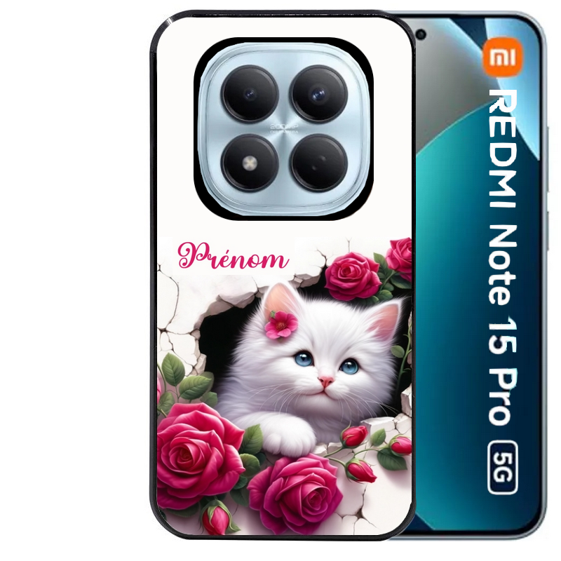 Coque noire taperso pour Redmi Note 15 et PRO PLUS 4G 5G avec motif chat fleurs personnalisee protection antichoc personnalisée