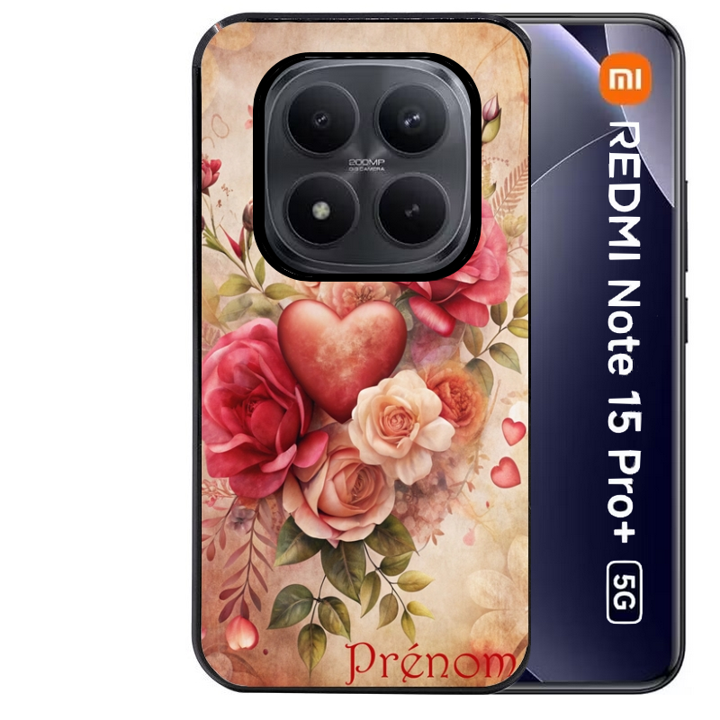 Coque noire taperso pour Redmi Note 15 et PRO PLUS 4G 5G avec motif coeur et fleur personnalisee protection antichoc personnalisée