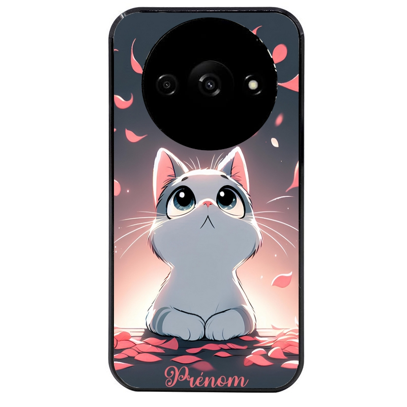 Coque noire taperso pour Redmi A3 avec motif chat anime avec votre prenom protection antichoc personnalisée