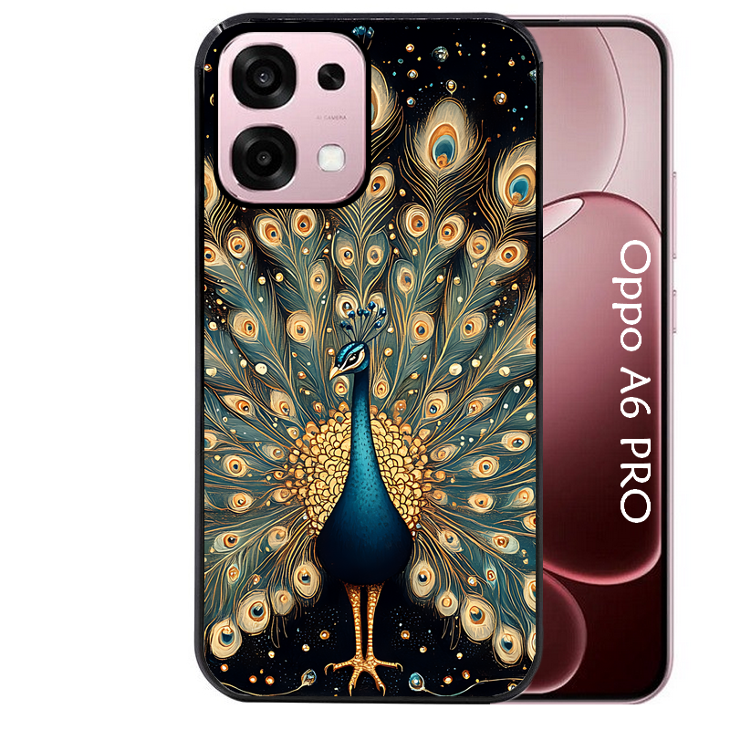 Coque noire taperso pour OPPO A6 PRO 4G et 5G avec motif paon mandala protection antichoc personnalisée
