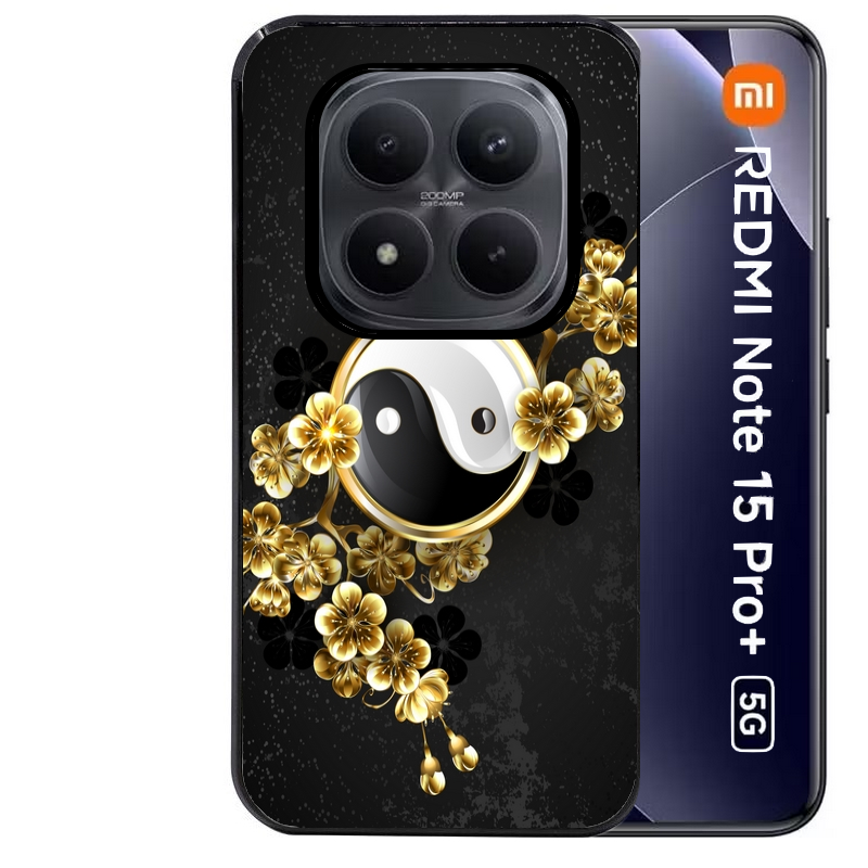 Coque noire taperso pour Redmi Note 15 et PRO PLUS 4G 5G avec motif yin yang et fleur protection antichoc personnalisée