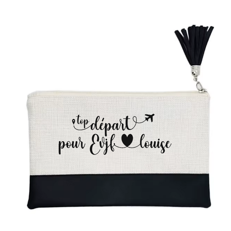 Pochette personnalisée motif EVJF top depart en toile et simili cuir personnalisée