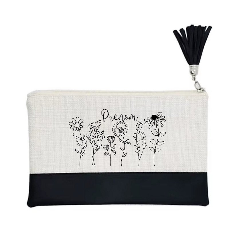Pochette personnalisée motif fleur line art en toile et simili cuir personnalisée
