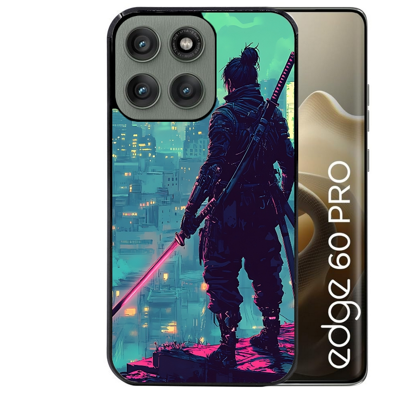 Coque noire taperso pour Moto Edge 60 et Neo Fusion Pro avec motif samourai new york protection antichoc personnalisée