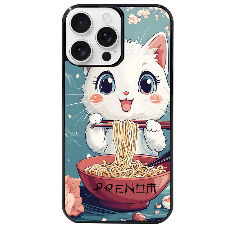 Coque noire taperso pour Iphone 16 16E PLUS MAX PRO avec motif chat ramen cerisier protection antichoc personnalisée