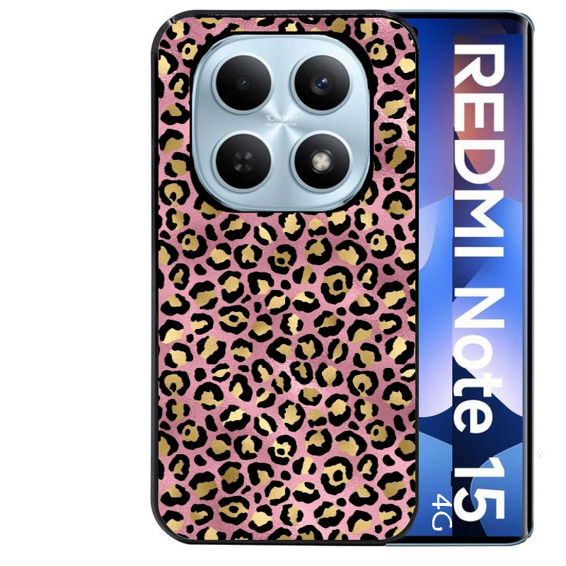 Coque noire taperso pour Redmi Note 15 et PRO PLUS 4G 5G avec motif leopard rose protection antichoc personnalisée