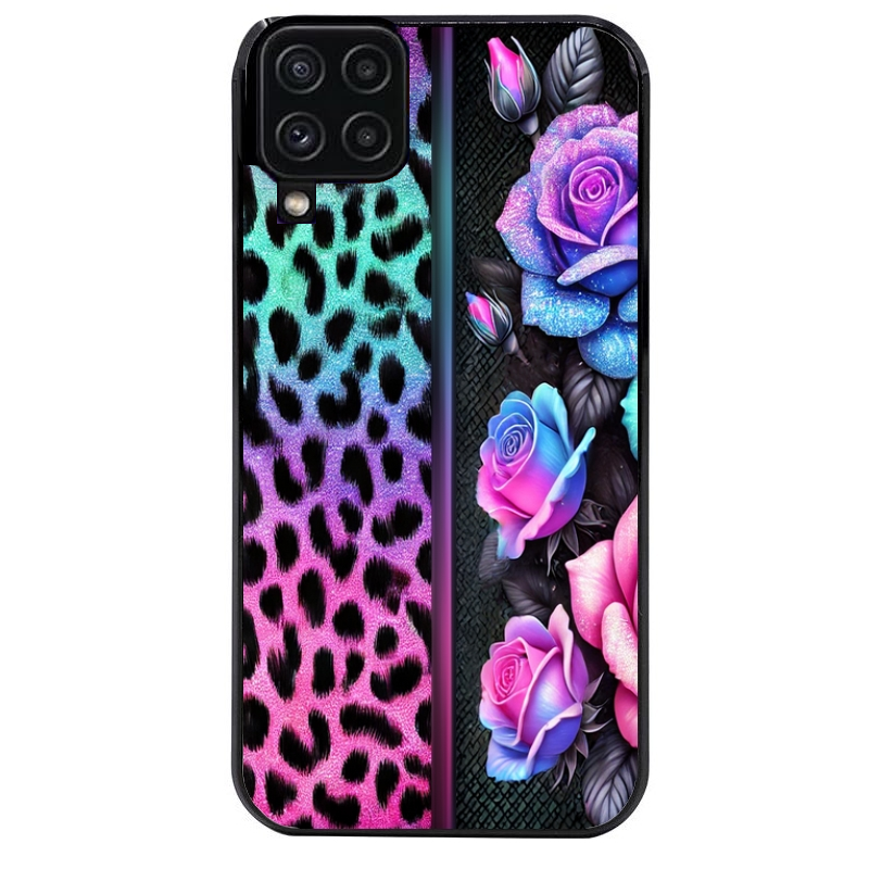 Coque noire taperso pour galaxy A22 A32 A52 A52S 4G 5G  avec motif leopard et fleur protection antichoc personnalisée