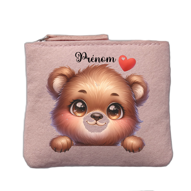 Porte monnaie personnalisé motif ourson coeur rose clair en feutrine en feutrine