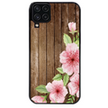 Coque noire taperso pour galaxy A22 A32 A52 A52S 4G 5G  avec motif bois avec fleur rose protection antichoc personnalisée