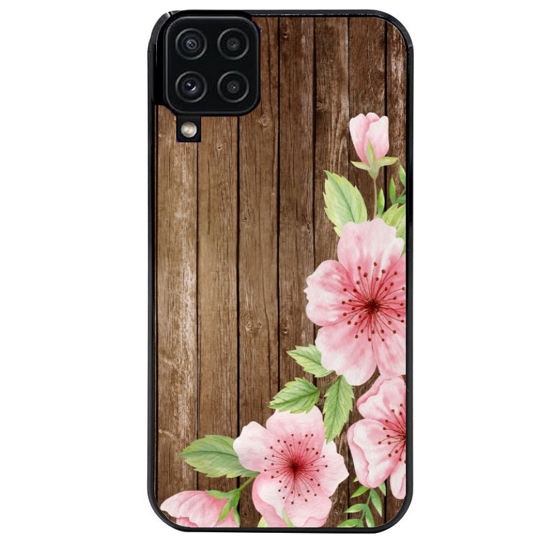 Coque noire taperso pour galaxy A22 A32 A52 A52S 4G 5G  avec motif bois avec fleur rose protection antichoc personnalisée