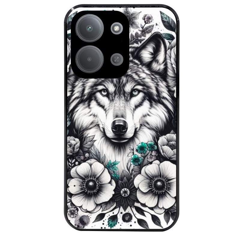 Coque noire taperso pour POCO C85 avec motif loup et fleur protection antichoc personnalisée