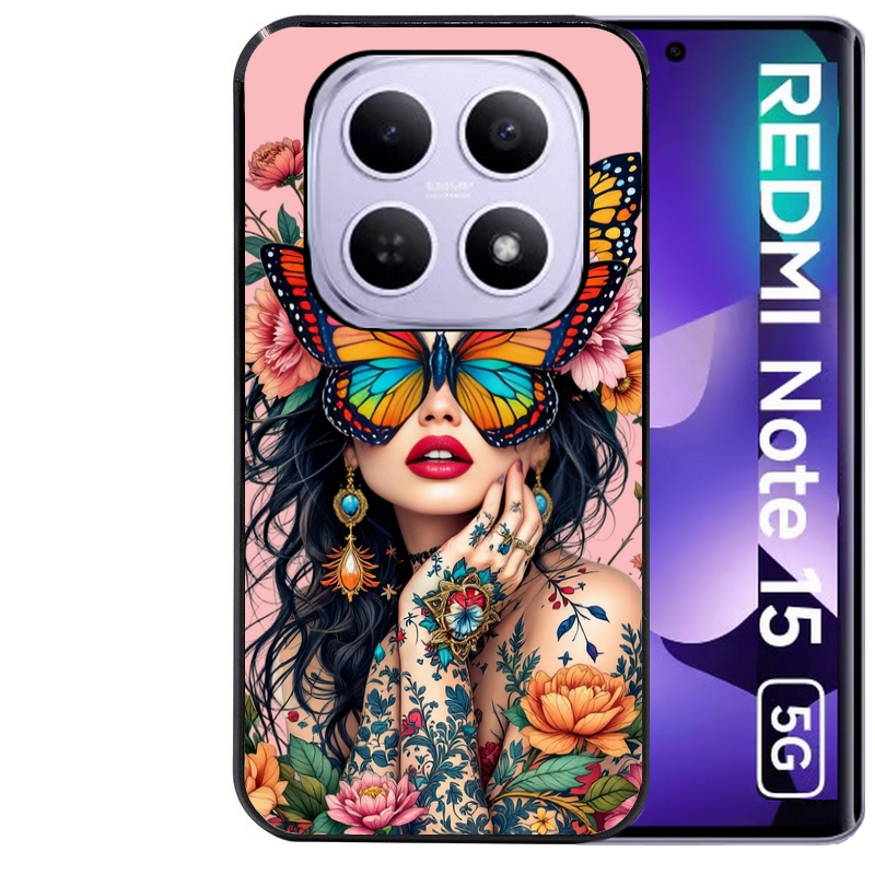 Coque noire taperso pour Redmi Note 15 et PRO PLUS 4G 5G avec motif femme papillon protection antichoc personnalisée