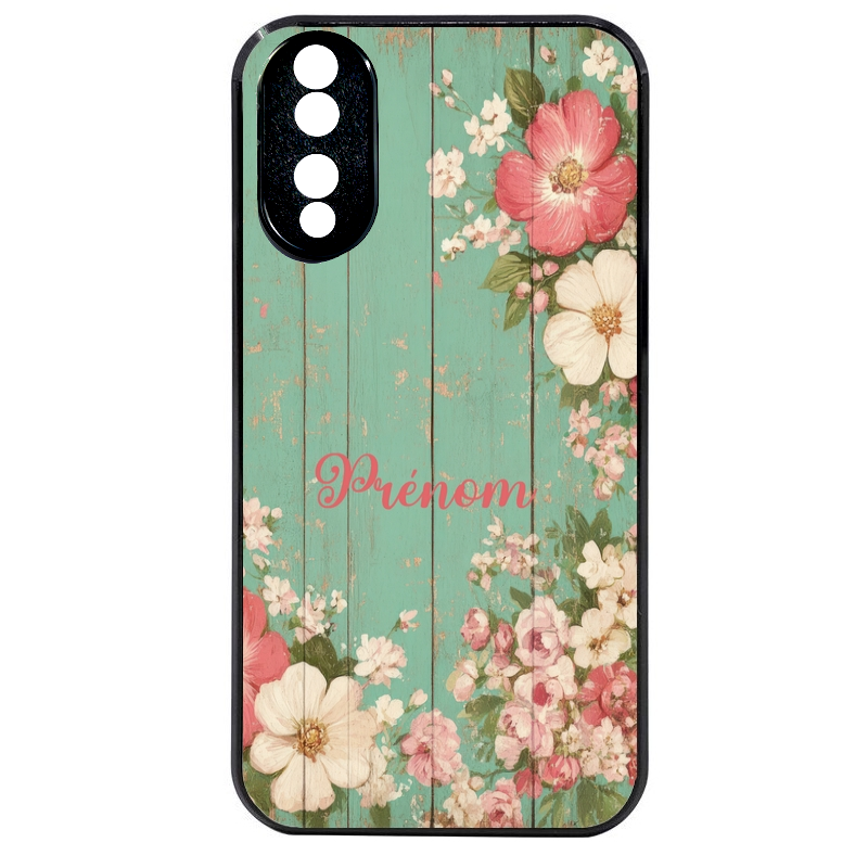 Coque noire taperso pour Honor 70 LITE 90 et LITE avec motif bois et fleur avec votre prenom protection antichoc personnalisée