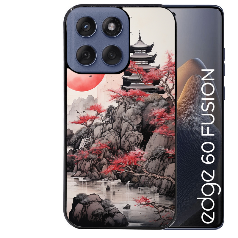 Coque noire taperso pour Moto Edge 60 et Neo Fusion Pro avec motif japan et temple protection antichoc personnalisée