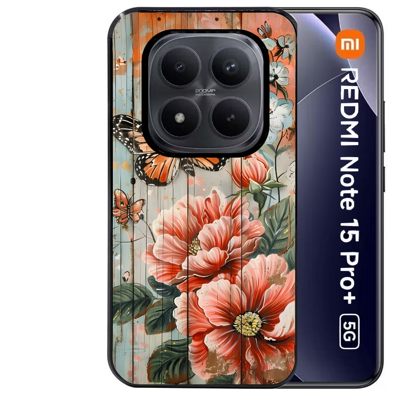 Coque noire taperso pour Redmi Note 15 et PRO PLUS 4G 5G avec motif bois et papillon 3 protection antichoc personnalisée