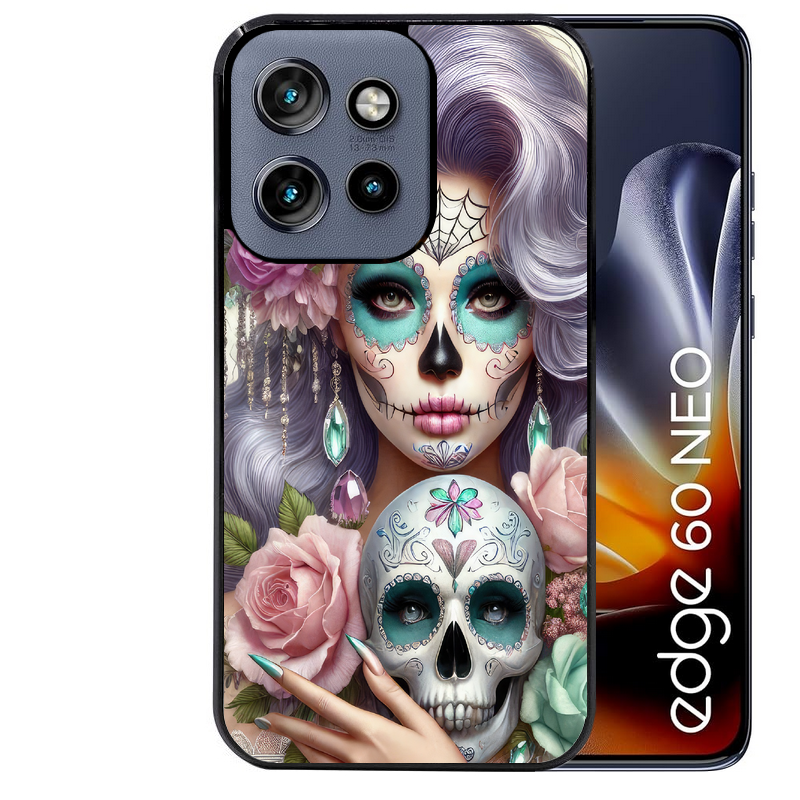 Coque noire taperso pour Moto Edge 60 et Neo Fusion Pro avec motif tete de mort calavera bijoux protection antichoc personnalisée