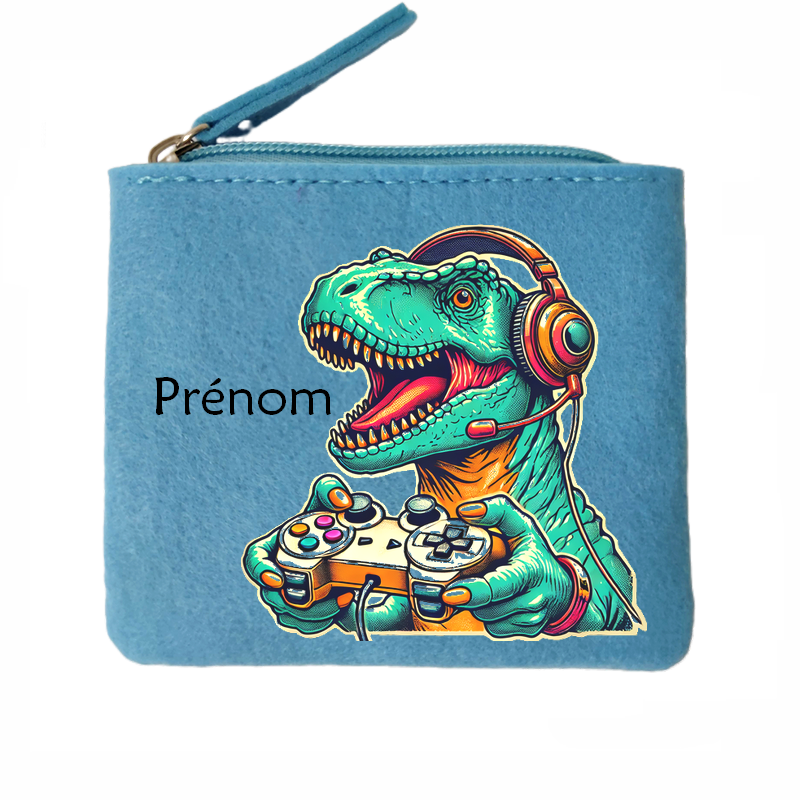 Porte monnaie personnalisé dino gamer en feutrine en feutrine