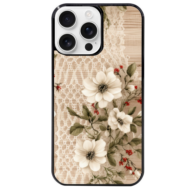 Coque noire taperso pour Iphone 16 16E PLUS MAX PRO avec motif bois et dentelle 2 protection antichoc personnalisée