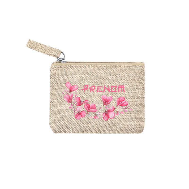 Pochette personnalisée motif fleur cerisier en toile et simili cuir personnalisée