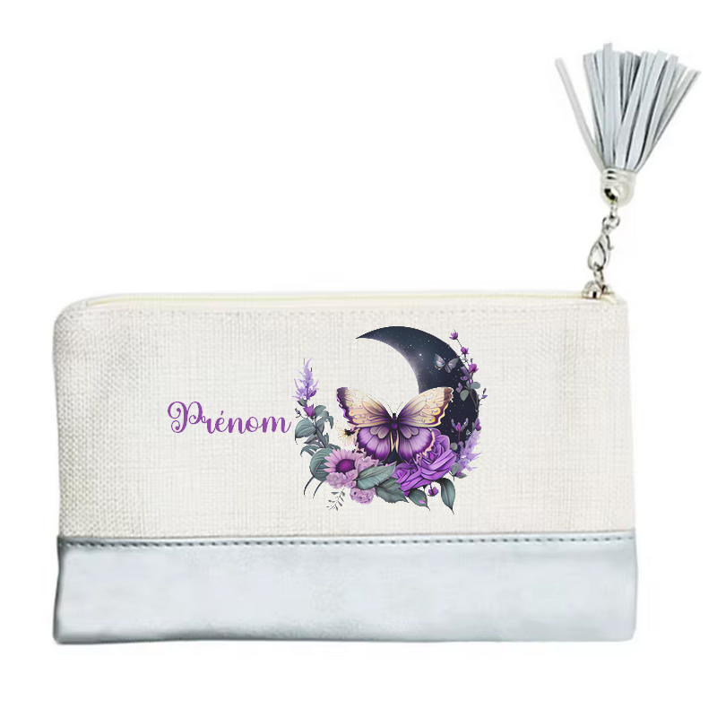 Pochette personnalisée motif papillon lune en toile et simili cuir personnalisée