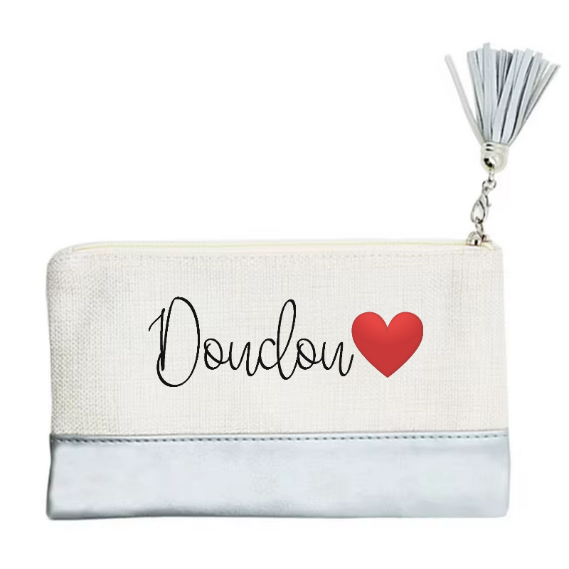 Pochette motif doudou et cœur en toile et simili cuir