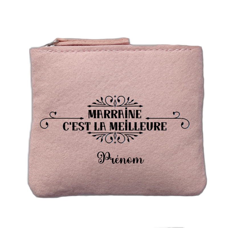 Porte monnaie personnalisé motif marraine meilleure rose clair en feutrine en feutrine