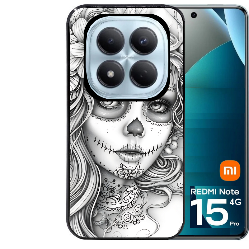 Coque noire taperso pour Redmi Note 15 et PRO PLUS 4G 5G avec motif mort calavera tatoo protection antichoc personnalisée